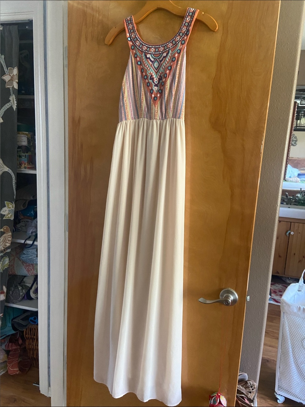 Swell Tribal Woven Embellished Cream Maxi Dress M Great Condition Lined